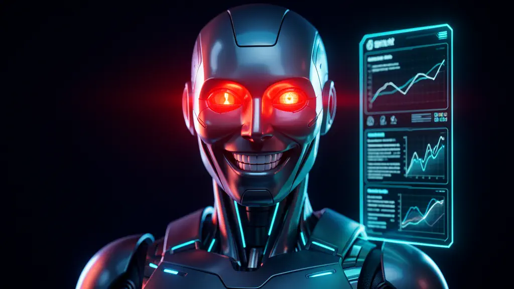 Hook 6 — Humanoid robot smiling, red warning light flashing. (texto na tela: Robot Lied)