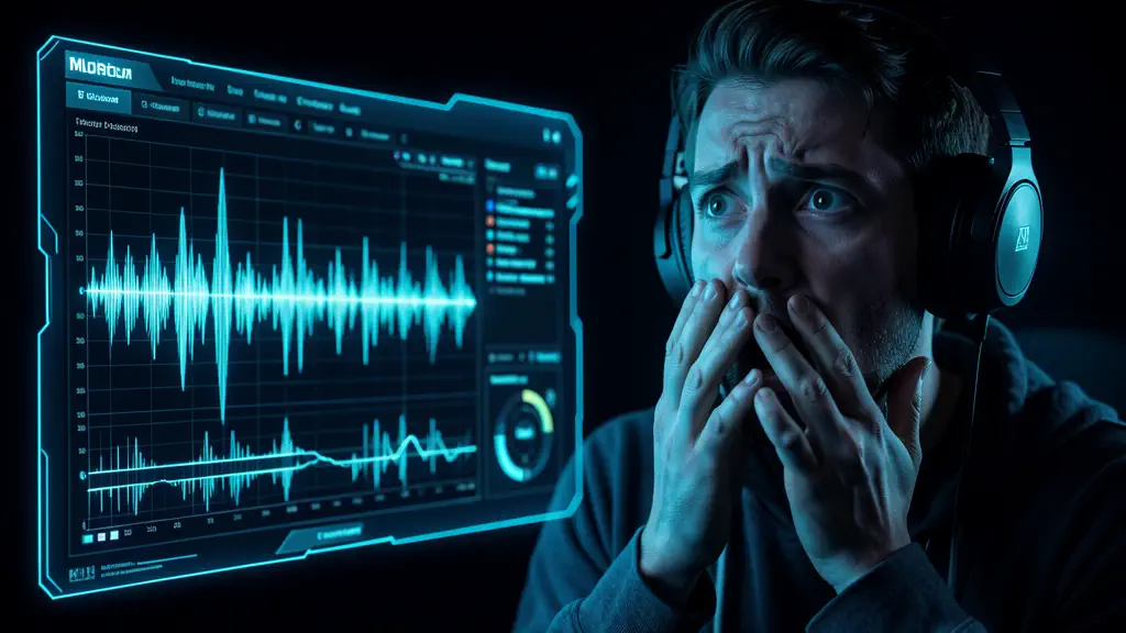 Hook 15 — Music software waveform + person in shock with headphones. (texto na tela: AI Music)