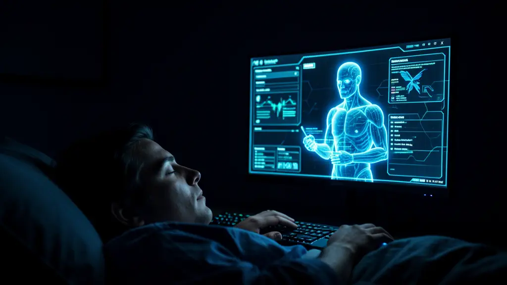 Hook 26 — Sleeping person + monitor with their AI double working. (texto na tela: AI Clone)