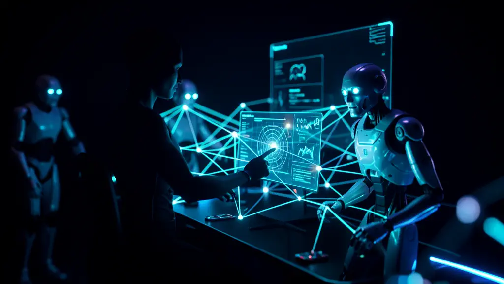 Hook 28 — Silhouette figure controlling a network of robots. (texto na tela: Who Controls AI)