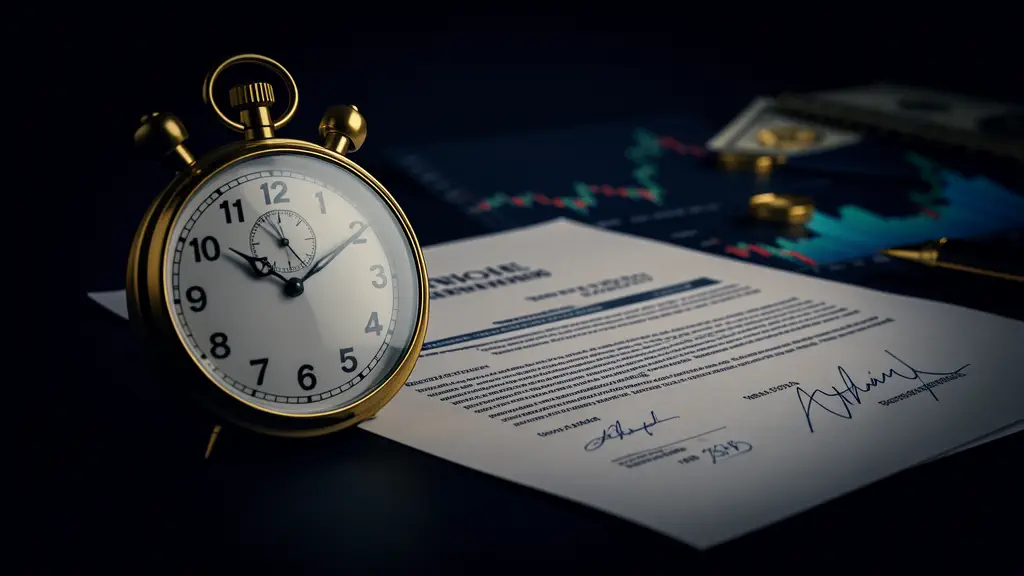 Hook 31 — Stopwatch showing 5:00 next to a signed contract. (texto na tela: 5-Minute Deal)