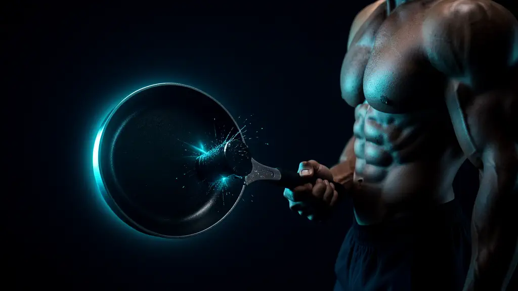 Hook 2 — Dumbbell turning into a frying pan. (texto na tela: Kitchen Gains)