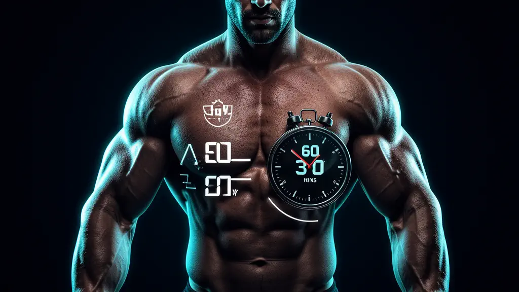 Hook 17 — Timer from 60 mins to 30 mins, muscle mass increasing. (texto na tela: Half Time)