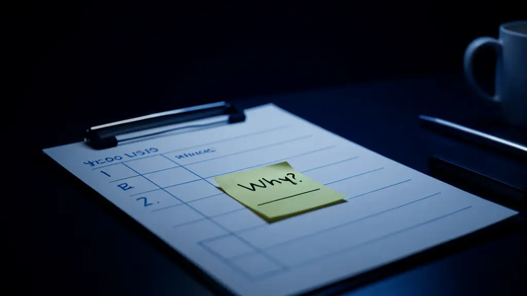Hook 1 — To-do list half-complete with sticky note saying “Why?”. (texto na tela: Not Motivation)