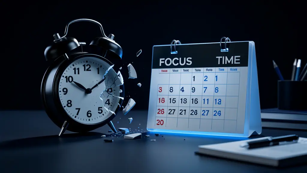 Hook 2 — Alarm clock smashed, replaced by calendar blocking focus time. (texto na tela: Skip 5AM)