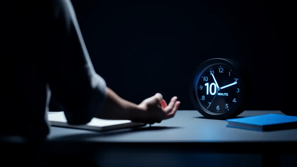 Hook 3 — Person meditating at desk, timer counting down from 10 minutes. (texto na tela: Focus Boost)