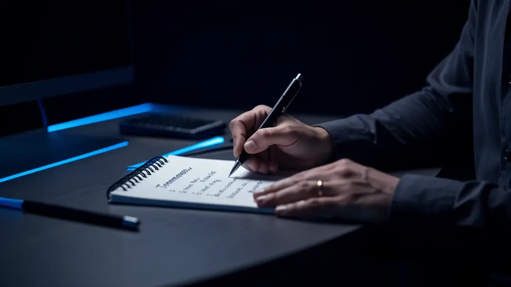Hook 23 — Person writing tomorrow's to-do list before leaving desk. (texto na tela: End-Day Reset)