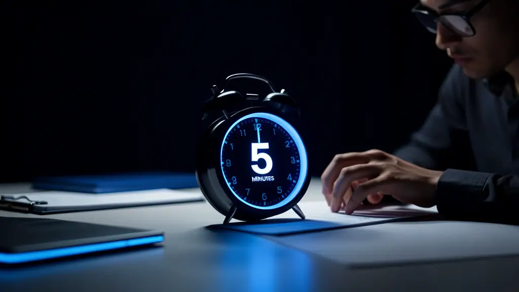 Hook 24 — Timer set to 5 minutes, person starting task immediately. (texto na tela: Beat Delay)