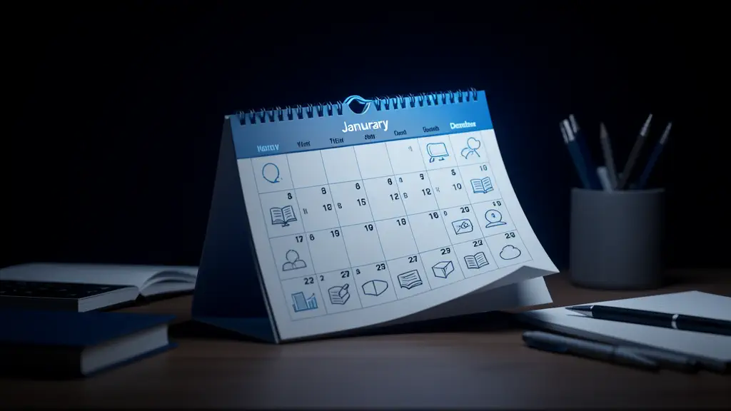 Hook 30 — Calendar flipping from January to December with learning icons. (texto na tela: 1 Month)
