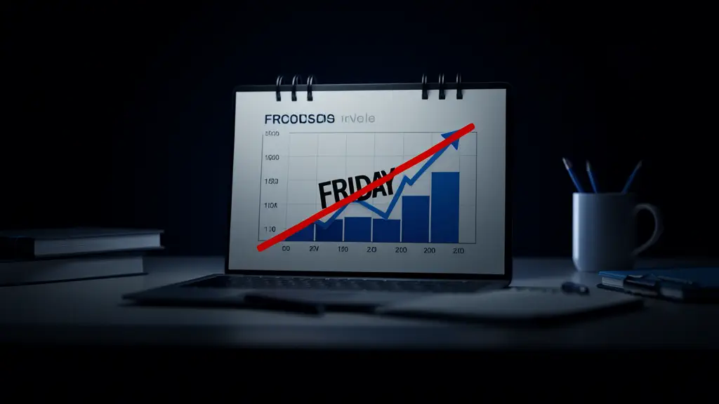 Hook 32 — Friday crossed out on calendar, revenue chart rising. (texto na tela: No Friday)