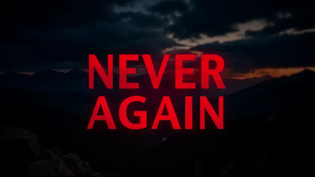Hook 5 — Beautiful shot turning dark with red “Never Again”. (texto na tela: Never Again)