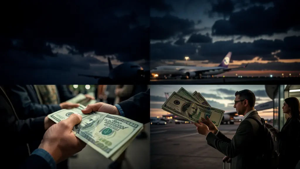 Hook 8 — Airport arrival followed by cash exchange scam scene. (texto na tela: First 5 Minutes)