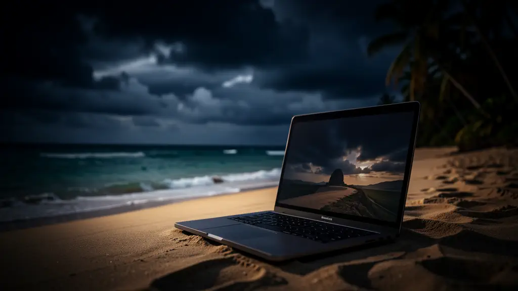 Hook 10 — Laptop open on tropical beach. (texto na tela: Work & Travel)