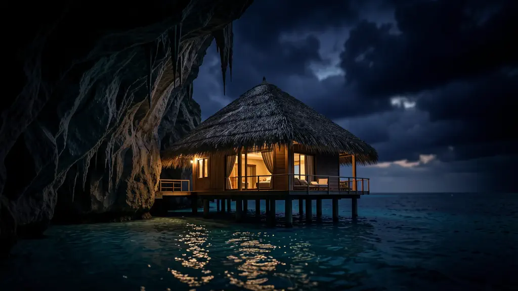 Hook 21 — Cave house / overwater bungalow reveal. (texto na tela: Insane Airbnb)