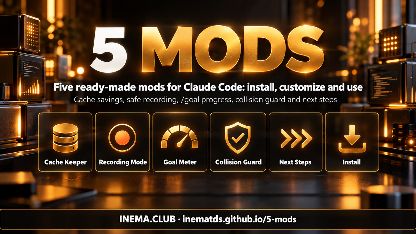 The five mods: Cache Keeper, Recording Mode, Goal Meter, Collision Guard and Next Steps