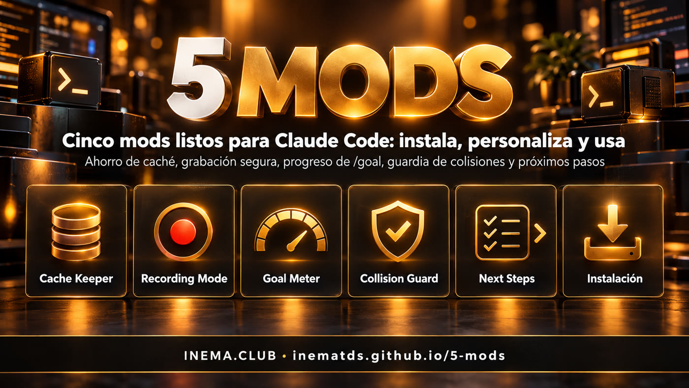 Los cinco mods: Cache Keeper, Recording Mode, Goal Meter, Collision Guard y Next Steps