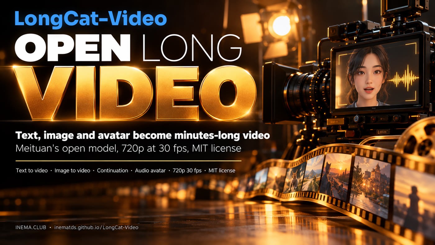 LongCat-Video banner: open long video — text, image and avatar become minutes-long video