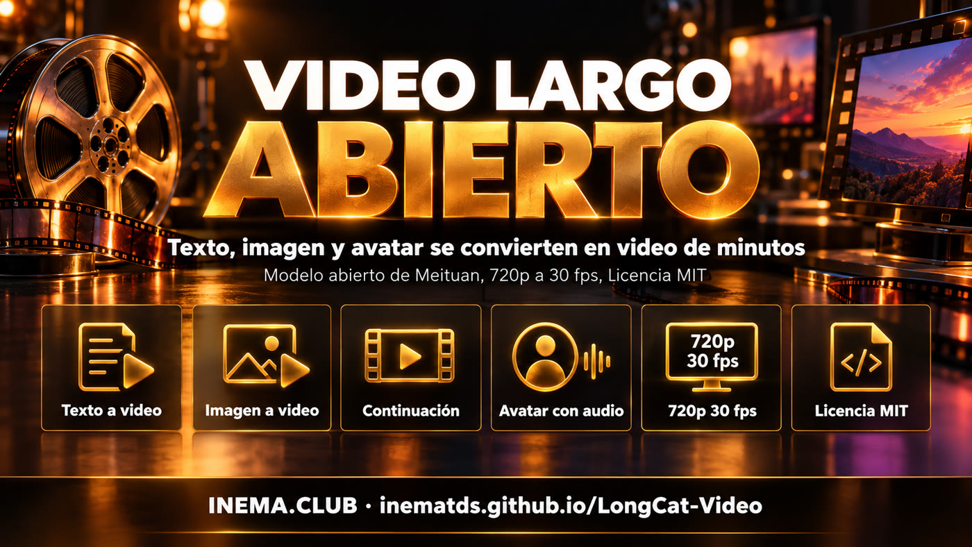 Funciones de LongCat-Video: texto a video, imagen a video, continuación, avatar con audio, 720p a 30 fps y licencia MIT