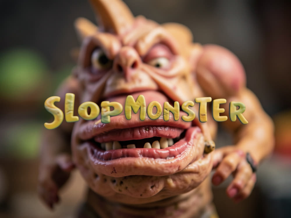 Ilustração do SlopMonster, monstro que caça texto de IA