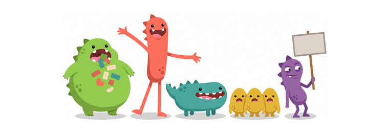 Os cinco mascotes do SlopMonster, um por regra