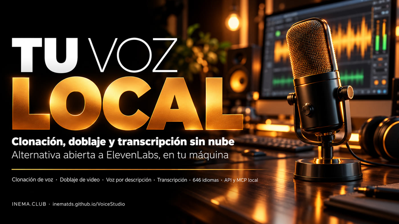 Banner de VoiceStudio: tu voz local — clonación, doblaje y transcripción sin nube
