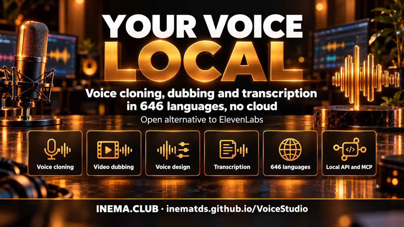 VoiceStudio features: voice cloning, video dubbing, voice from a description, transcription, 646 languages, local API and MCP