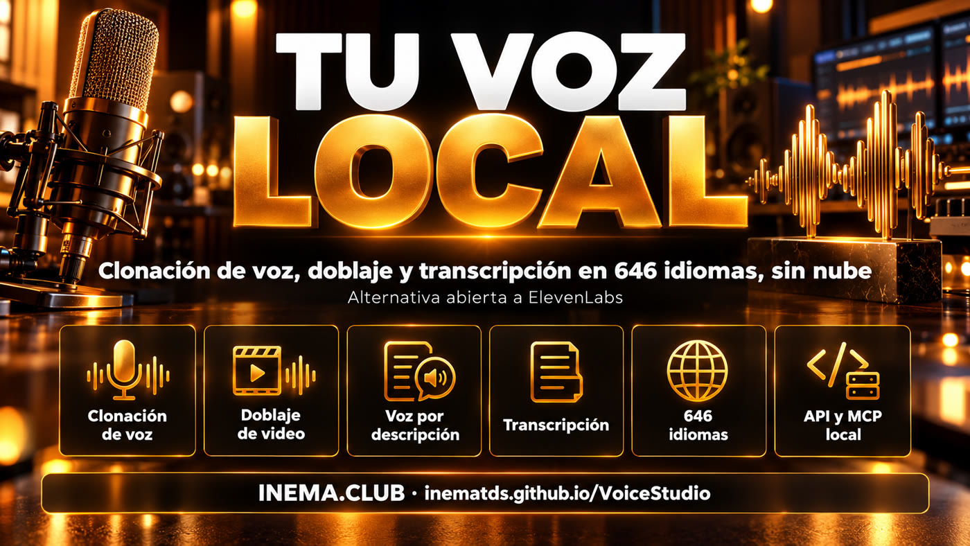 Funciones de VoiceStudio: clonación de voz, doblaje de video, voz por descripción, transcripción, 646 idiomas, API y MCP local