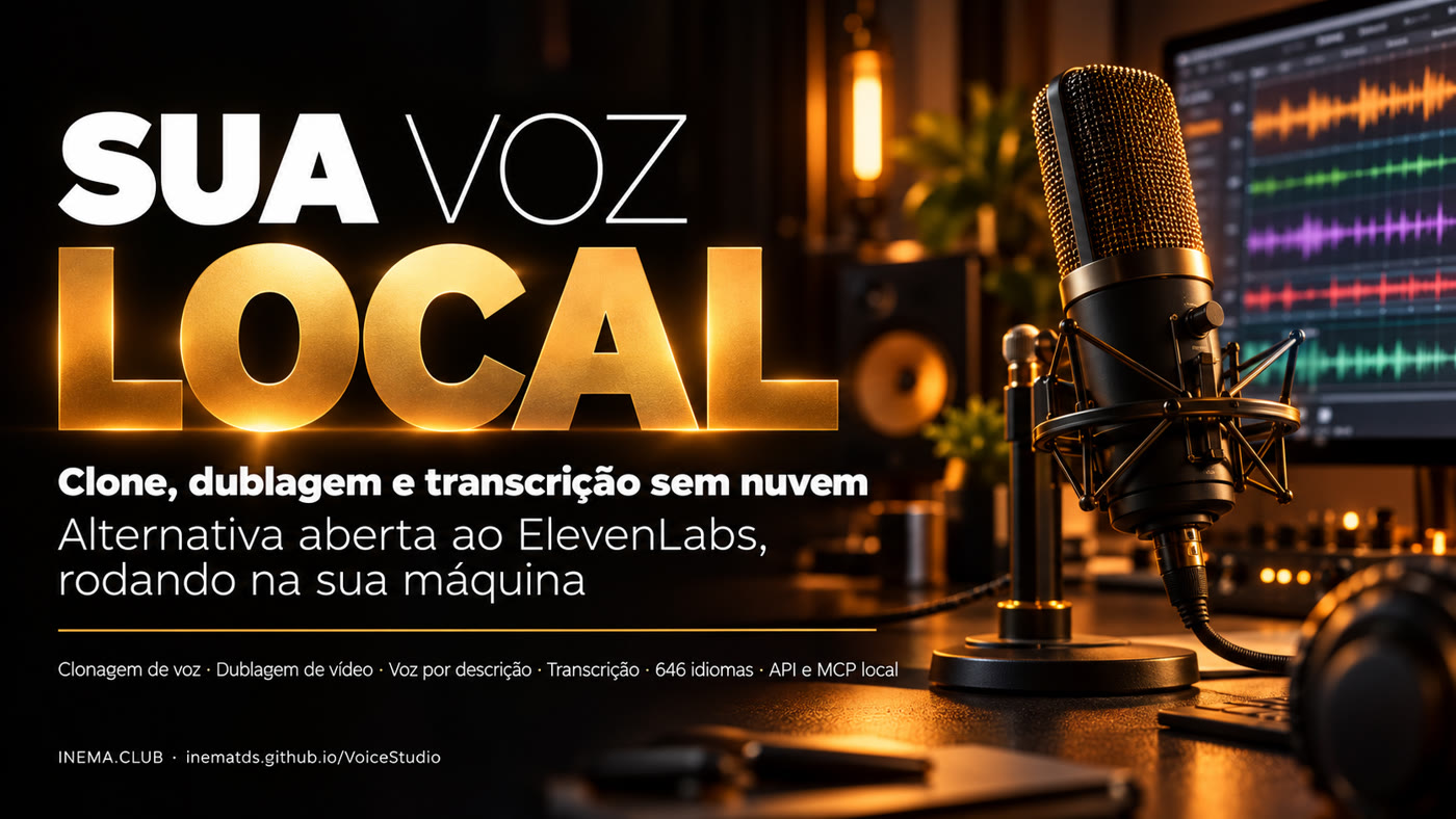 Banner do VoiceStudio: sua voz local — clone, dublagem e transcrição sem nuvem