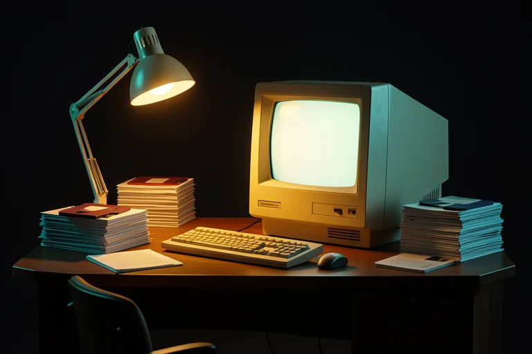 Mesa de escritório dos anos 90 com computador bege e disquetes