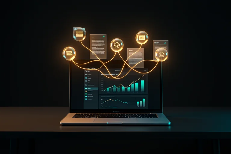 Notebook moderno com agentes de IA luminosos trabalhando acima do teclado
