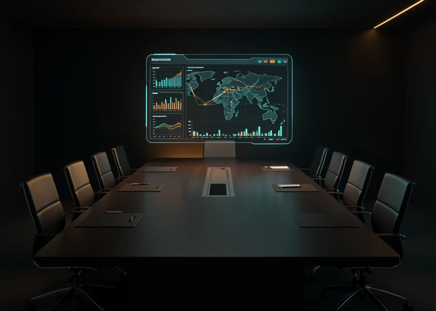 Sala de reunião executiva com dashboard holográfico pronto antes de todos chegarem