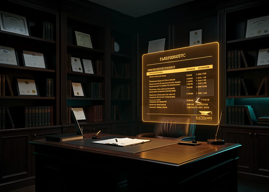 Escritório elegante com estantes e um painel holográfico apresentando um caso preparado