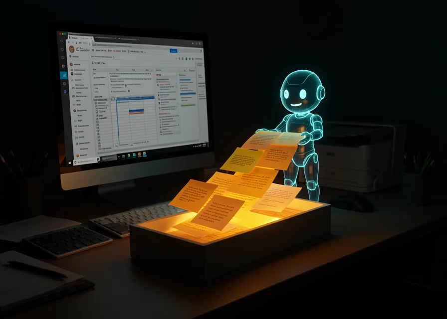 Assistente holográfico organizando e-mails e planilhas numa mesa de trabalho