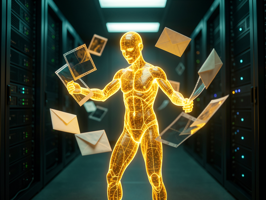 Figura de luz âmbar montando quadros de filme num corredor de servidores