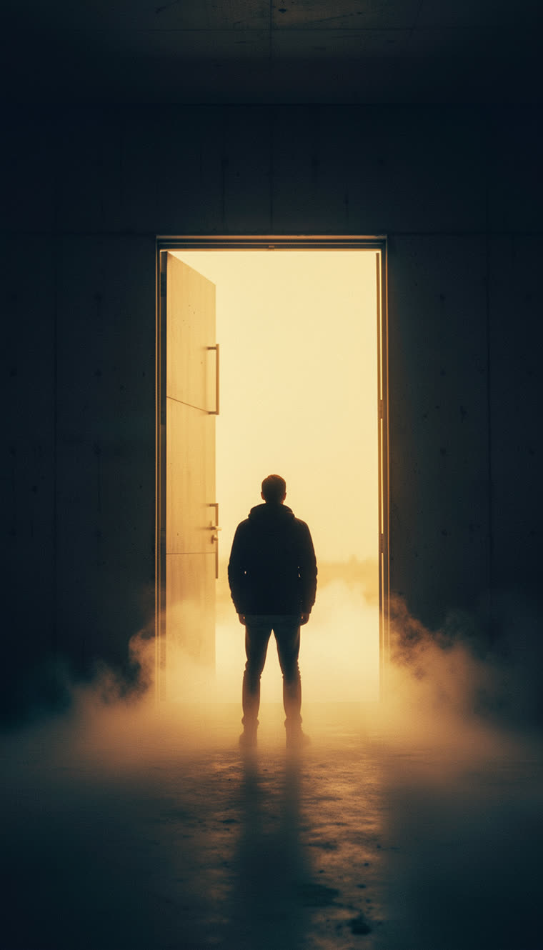 Pessoa diante de uma porta aberta com luz âmbar, formato vertical