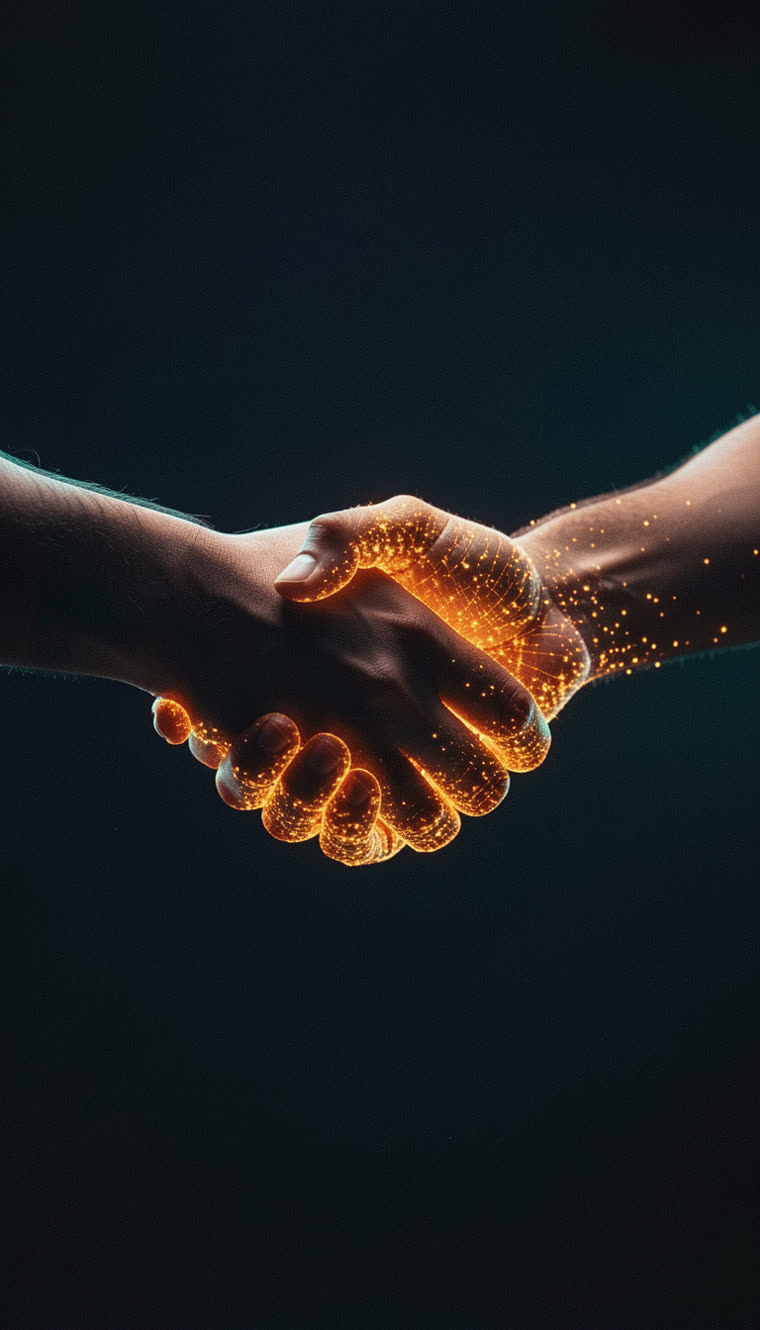 Aperto de mão entre mão humana e mão de luz