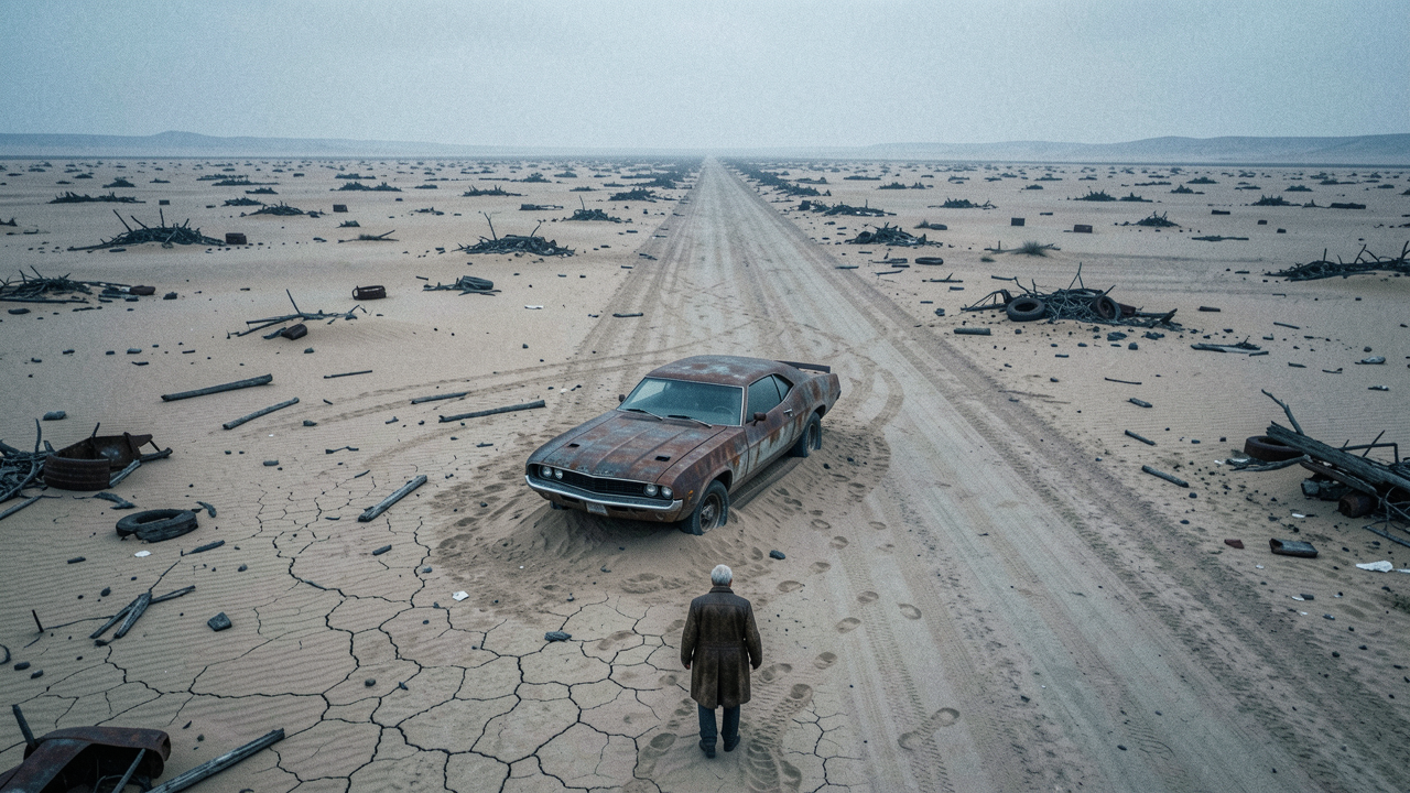 Plano aéreo aberto de deserto pós-apocalíptico com muscle car enferrujado e estrada rachada