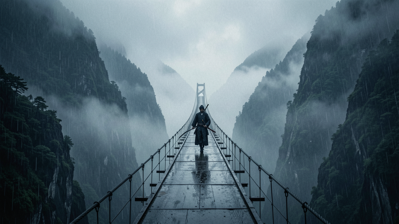 Samurai solitário caminhando por uma longa ponte suspensa entre montanhas, chuva e neblina no cânion abaixo