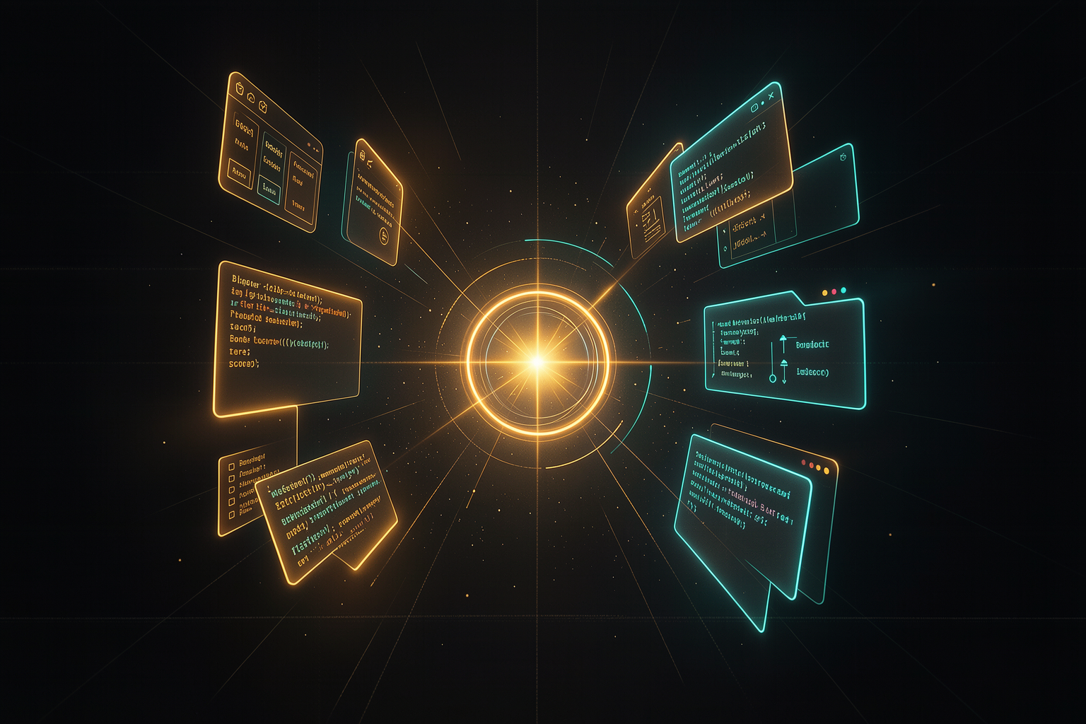 Janelas de aplicativos e blocos de código flutuando ao redor de um núcleo luminoso — construir apps com IA, sem gravidade