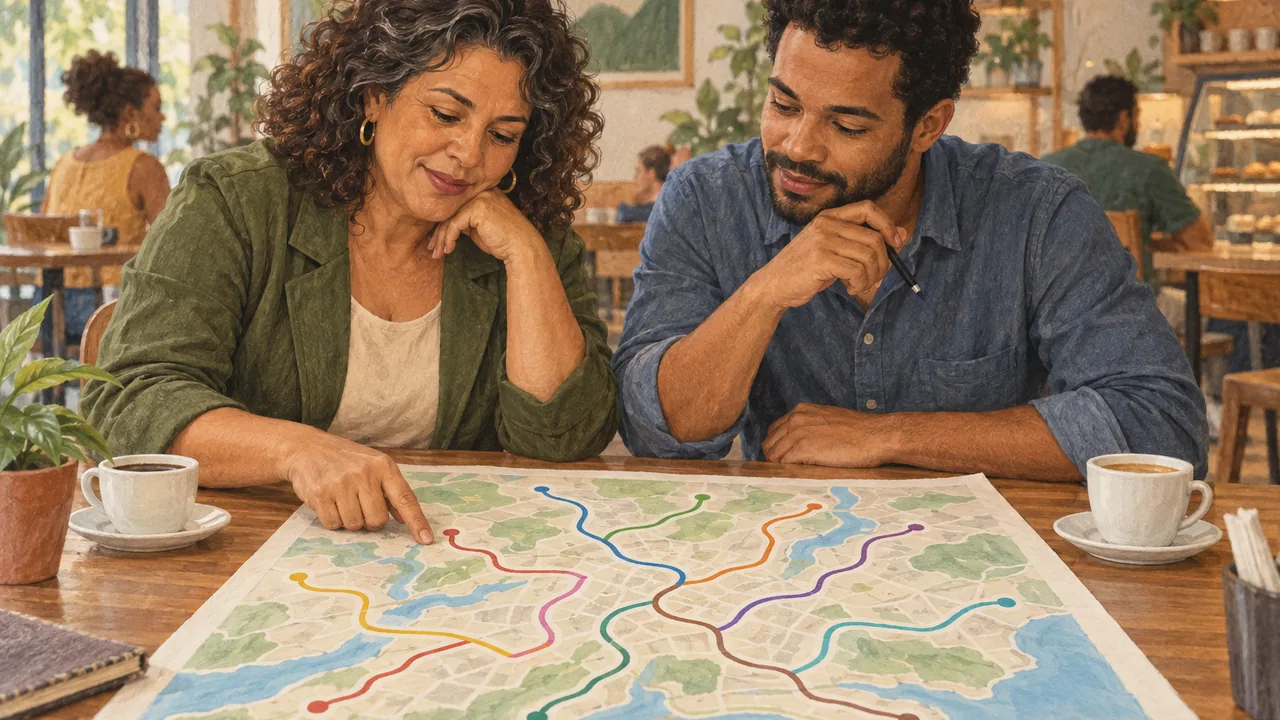 Uma gerente de loja e um analista de RH olham juntos, numa mesa de café, um mapa de papel com nove caminhos coloridos.