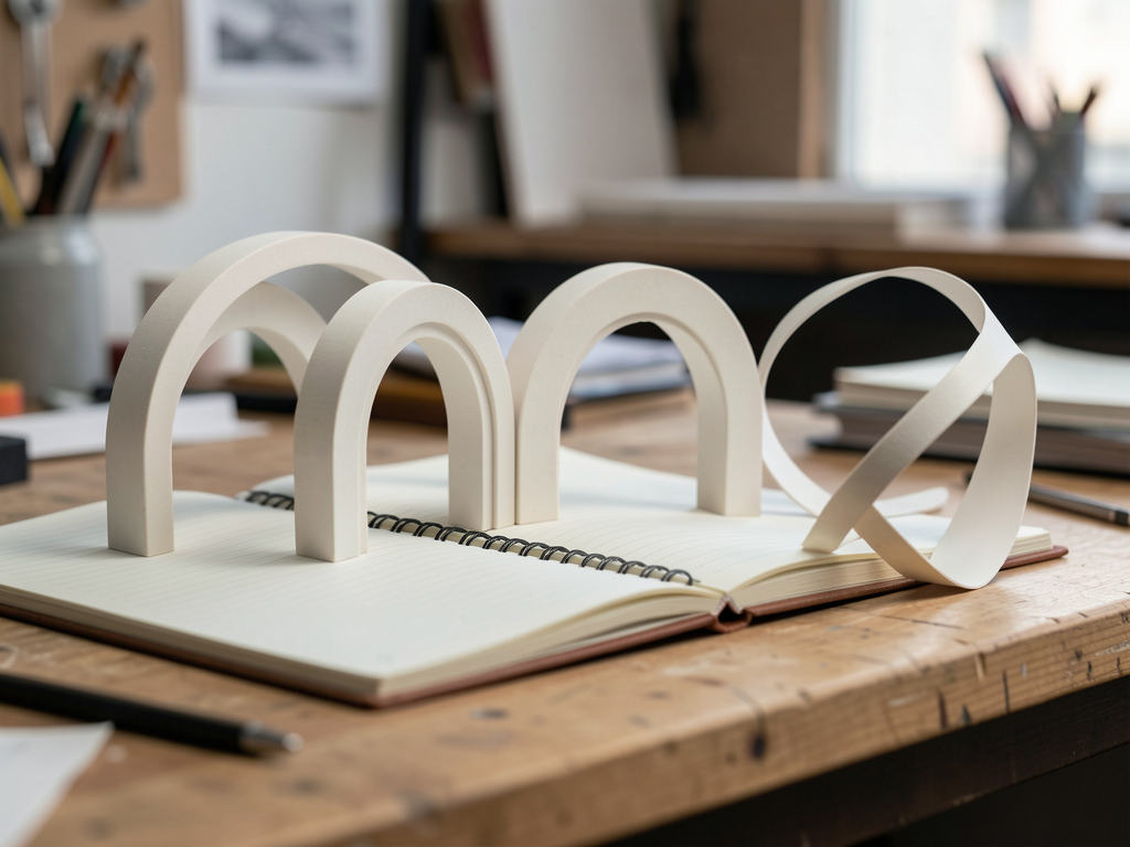 Composição ilustrativa de arcos, caderno e fita escultórica, representando os três modelos Astra3D.