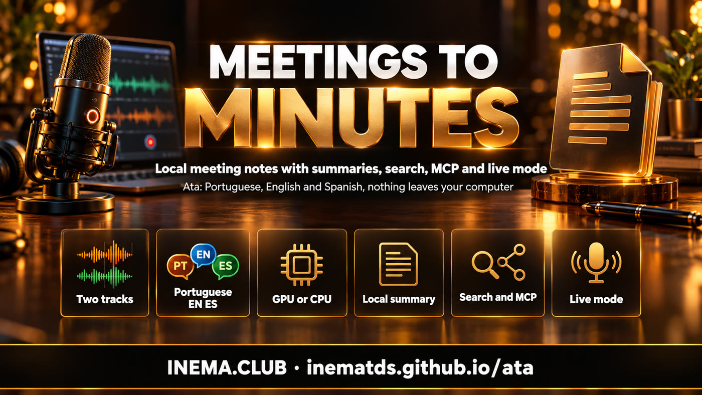 Ata features: two tracks, Portuguese, English and Spanish, GPU or CPU, local summary, search and MCP, live mode