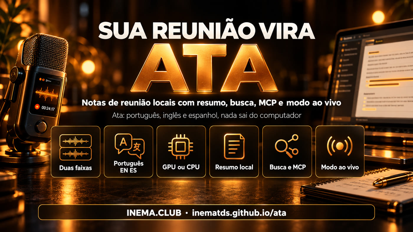 Recursos do Ata: duas faixas, português, inglês e espanhol, GPU ou CPU, resumo local, busca e MCP, modo ao vivo