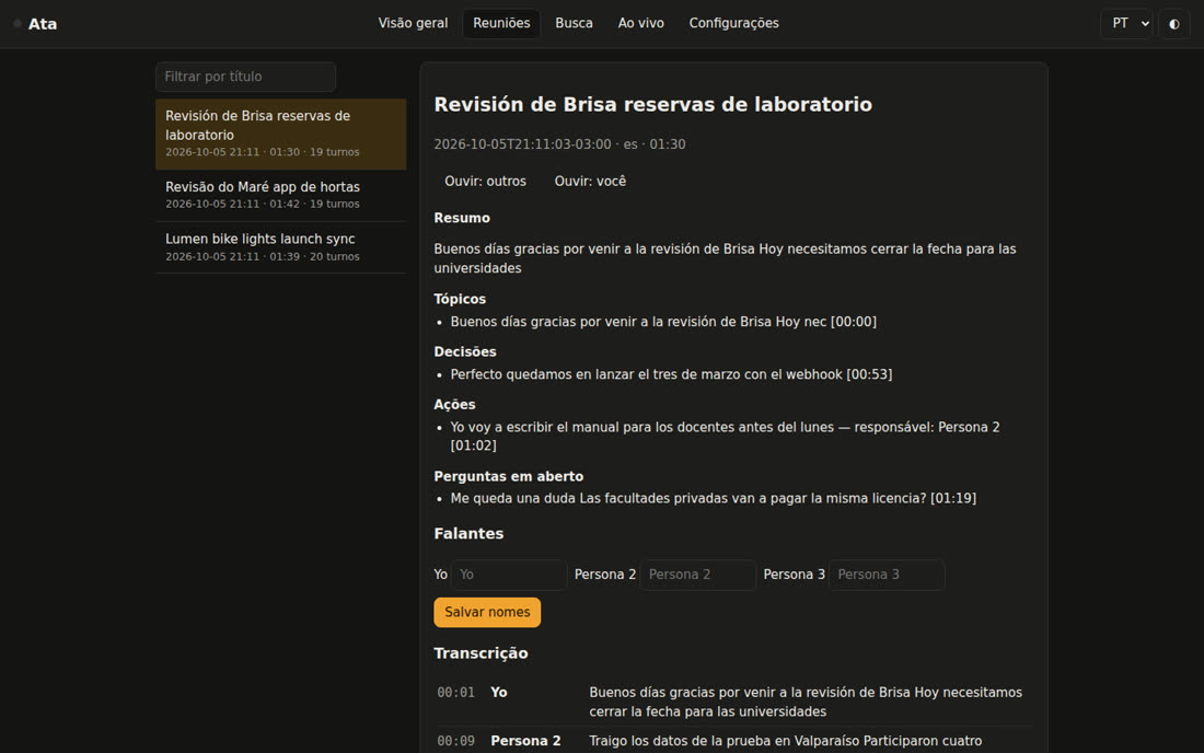 Reunião aberta com resumo, decisões, ações e transcrição