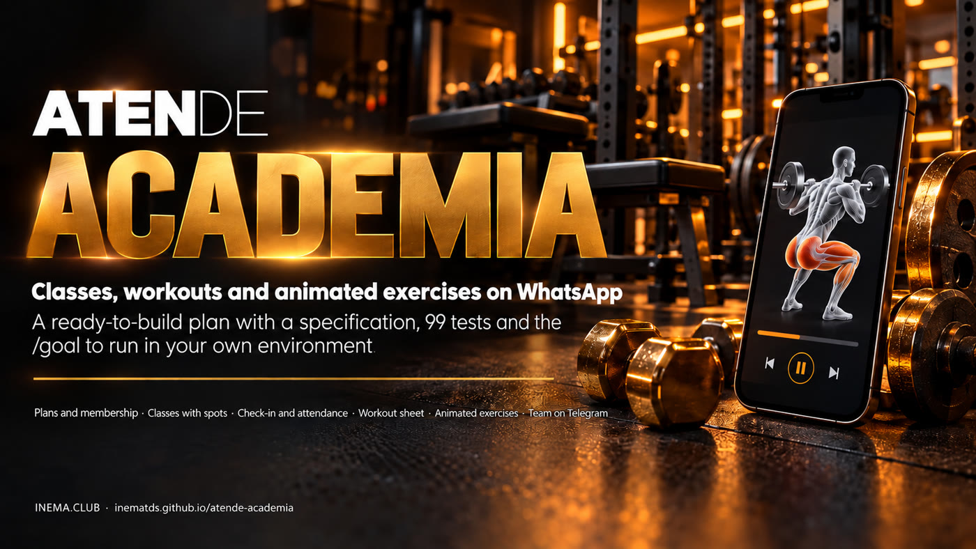 Atende Academia banner: memberships and enrollment, classes with spots and a waitlist, check-in, workout card, animated exercises and a Telegram staff desk