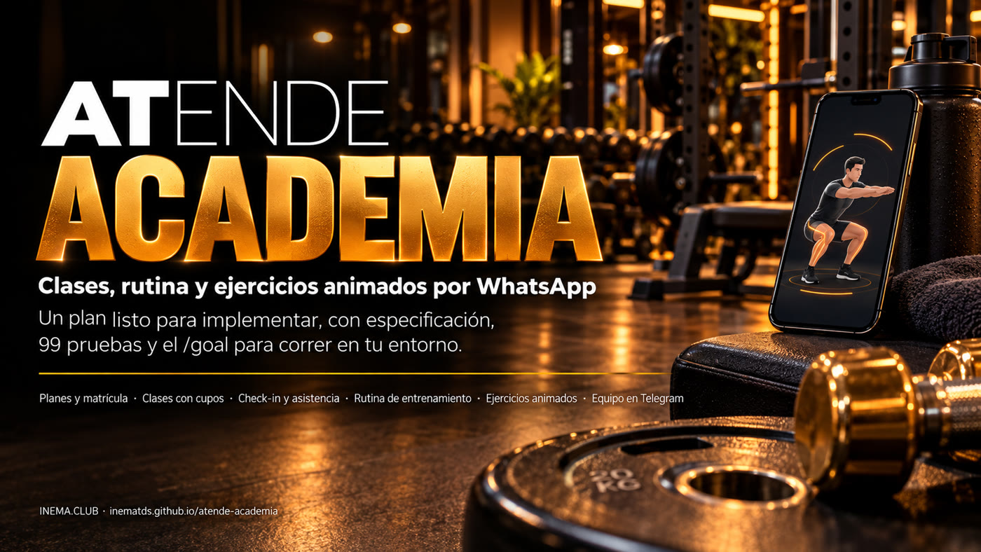 Banner de Atende Academia: planes y matrícula, clases con cupos y lista de espera, check-in, rutina de entrenamiento, ejercicios animados y equipo en Telegram