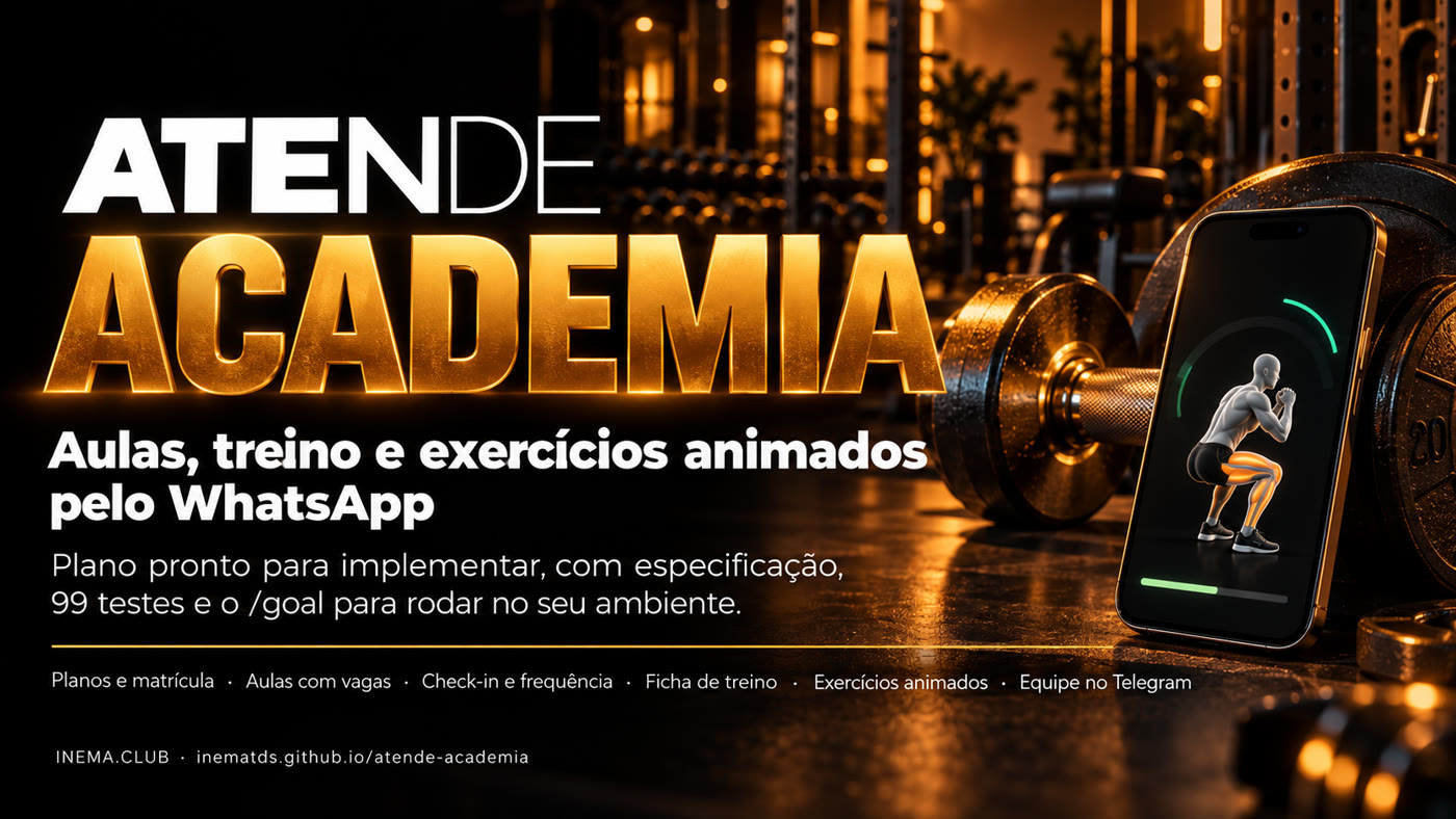 Banner do Atende Academia: planos e matrícula, aulas com vagas e lista de espera, check-in, ficha de treino, exercícios animados e equipe no Telegram