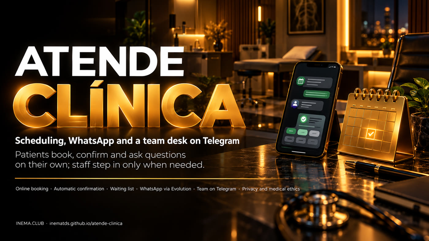 Atende Clínica banner: scheduling, WhatsApp and the team on Telegram