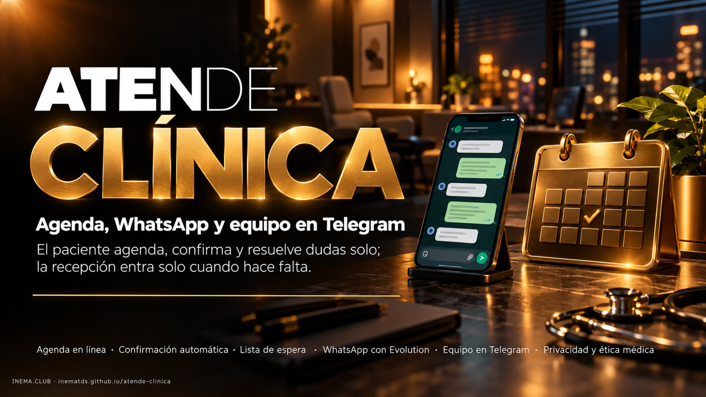 Banner de Atende Clínica: agenda, WhatsApp y equipo en Telegram