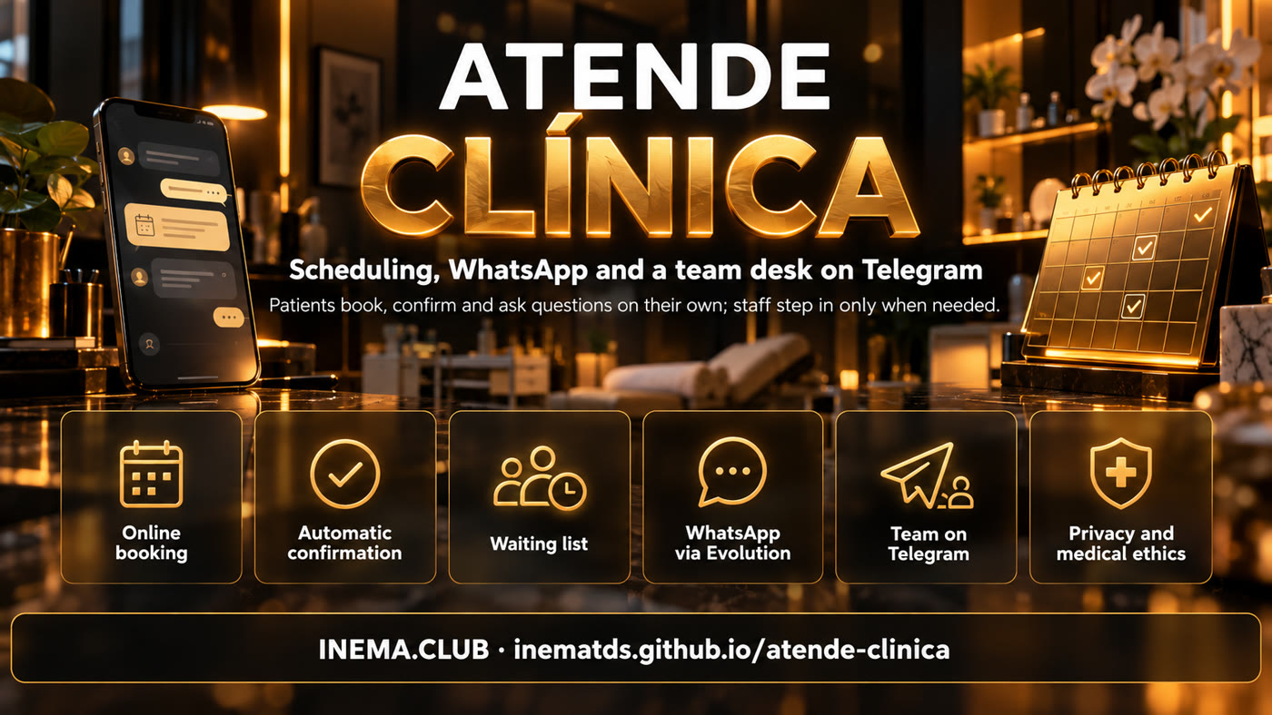 Online scheduling, automatic confirmation, waitlist, WhatsApp Evolution, team on Telegram, LGPD and professional councils